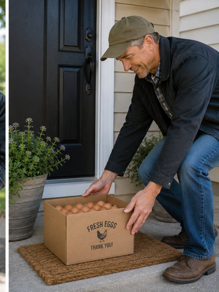 A box of fresh eggs being delivered to a customer's porch